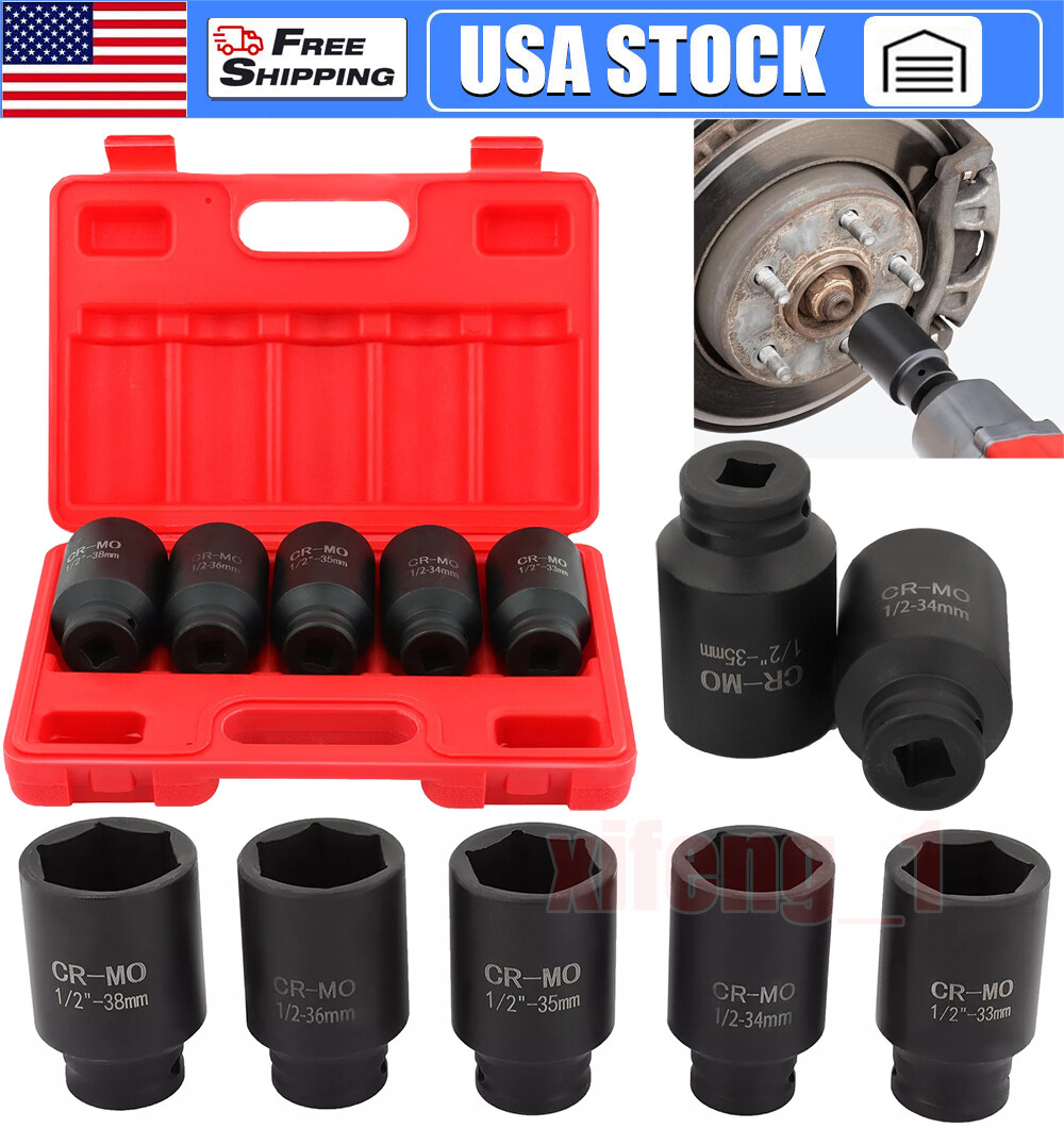 5Pcs 1/2″ Drive Deep Impact Axle Hub Socket Set 6 Point 33mm 34mm 35mm 36mm 38mm