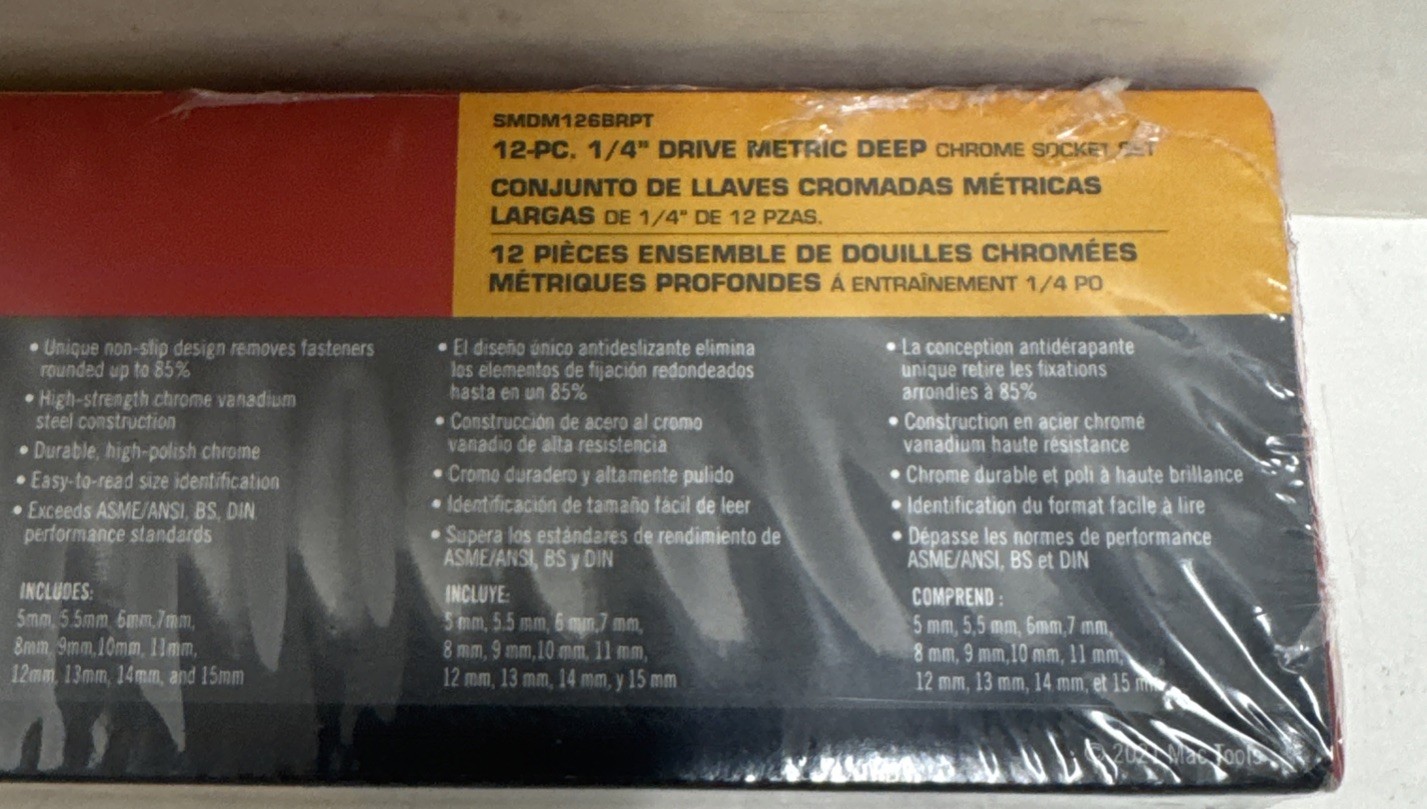Mac Tools SMDM126BRPT 12 PCs 1/4″ Drive Metric Deep Chrome Socket Set New Sealed