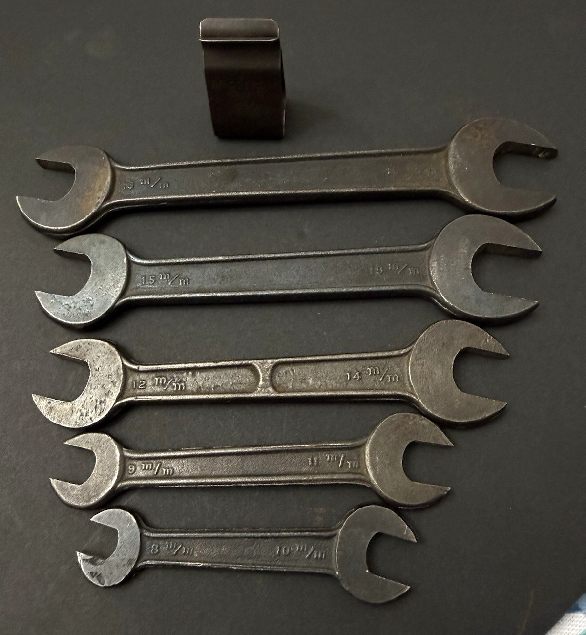 Vintage BRIDGEPORT OPEN END WRENCHES Forged Steel Set of 5 with Metal Clamp USA