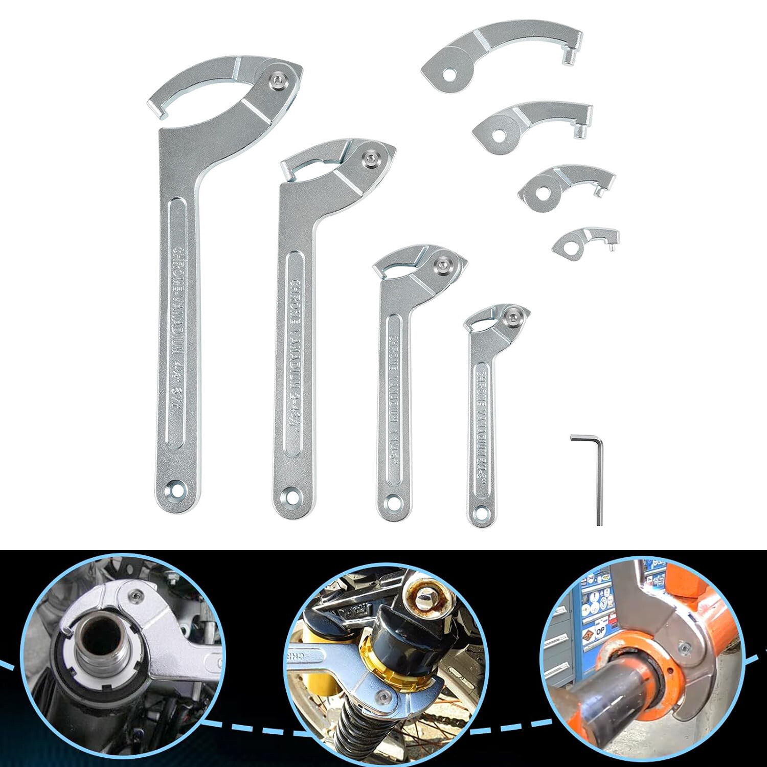 8 Pack Adjustable Hook C Pin Spanner Wrench Tool Set Nut Wrench 3/4″ to 6-1/10″