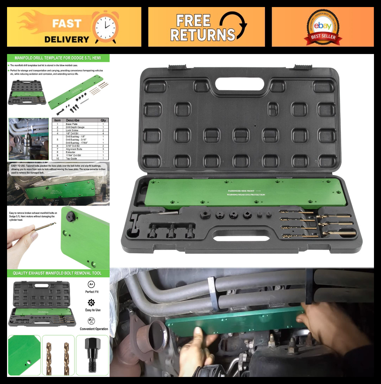 Exhaust Manifold Bolt Removal Tool Kit for Dodge 5.7L Hemi, Ram 1500, Easy Drill