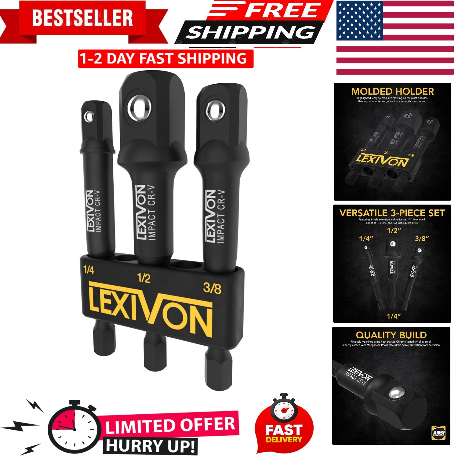 3-Piece Impact Grade Socket Adapter Set for Heavy-Duty Power Drills