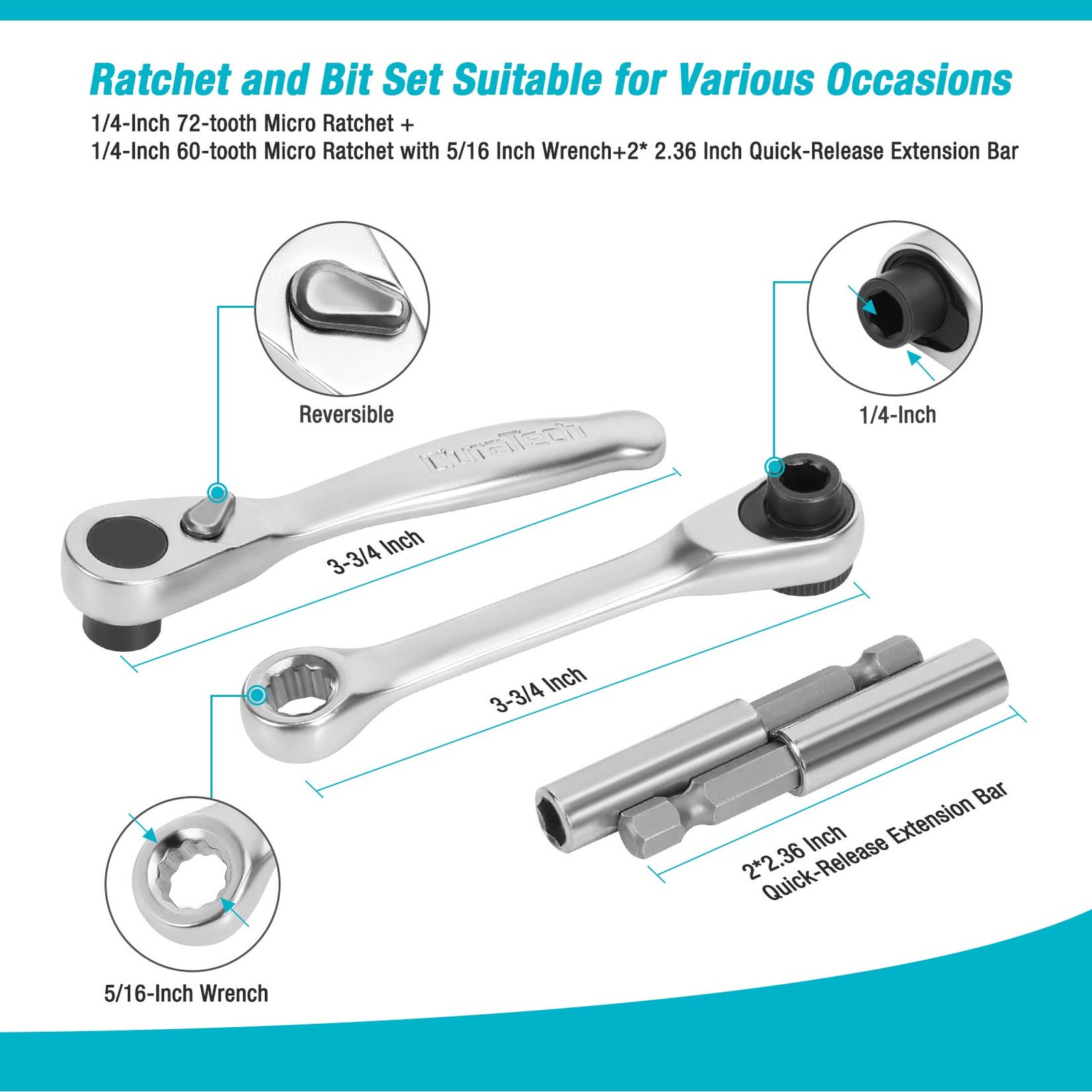 DURATECH 56-Piece 1/4″ Mini Ratchet Wrench and Pocket Size, Silver, Black