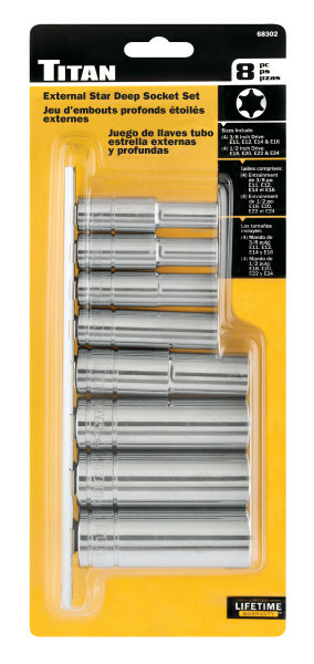 Titan 68302 8pc 3/8in. and 1/2in. External Star Deep Socket Set Chrome Finish