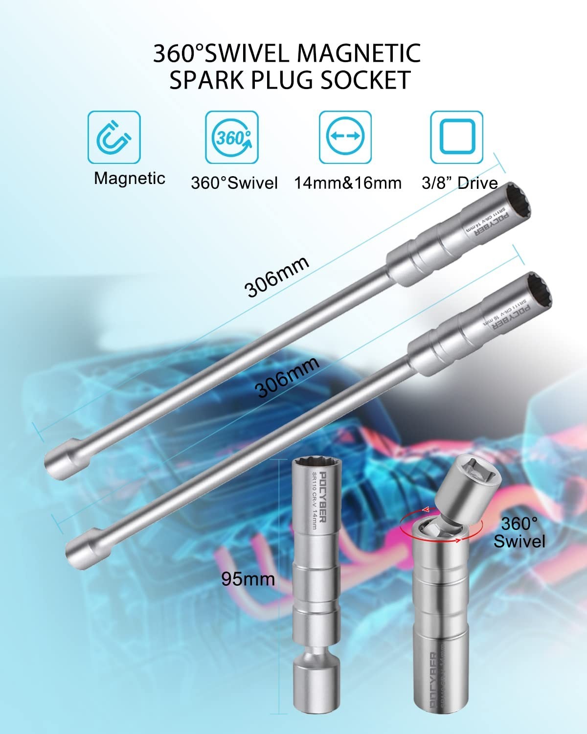 Pack of 4 Swivel Spark Plug Sockets 14mm 16mm 3/8″ Drive Magnetic Thin Wall Tool