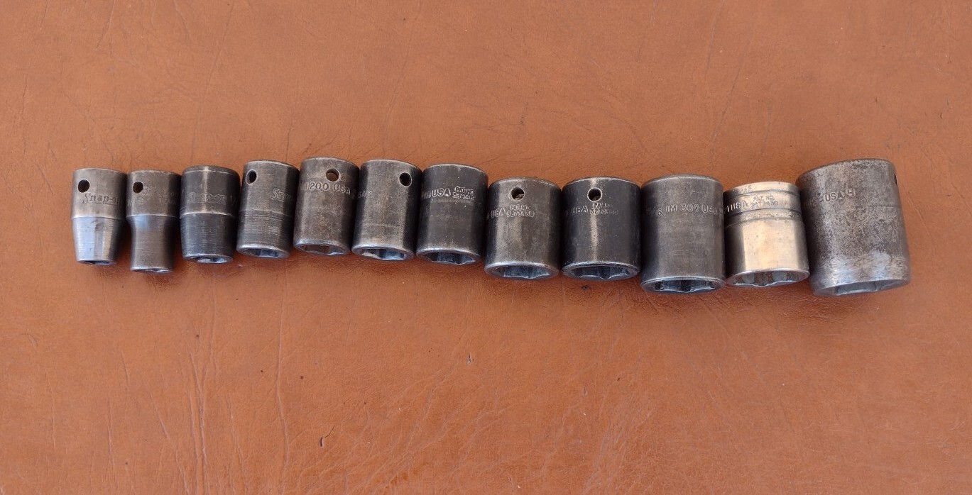 Vintage Snap On 12 Pc. 1/2” Dr. SAE 6 Pt. Impact Socket Set 3/8” to 1-1/16″ USA