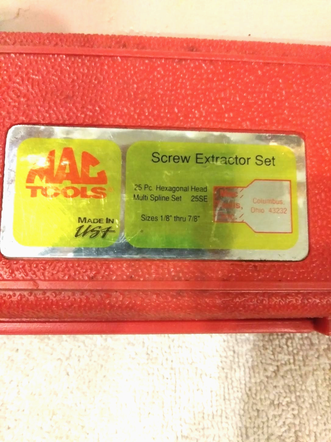 MAC TOOLS 25 PC. SCREW EXTRACTOR SET HEXAGONAL HEAD MULTI SPLINE SIZES 1/8 -7/8