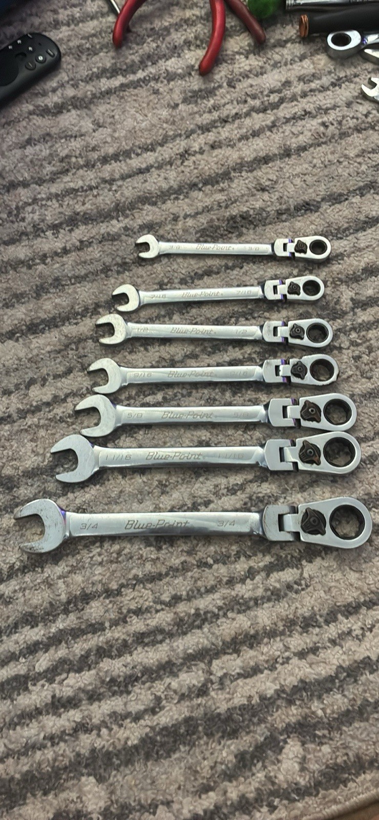 BluePoint BOER708A 5/16″ – 3/4″ 12-pt Ratcheting Flex Head Wrench Set(READ)