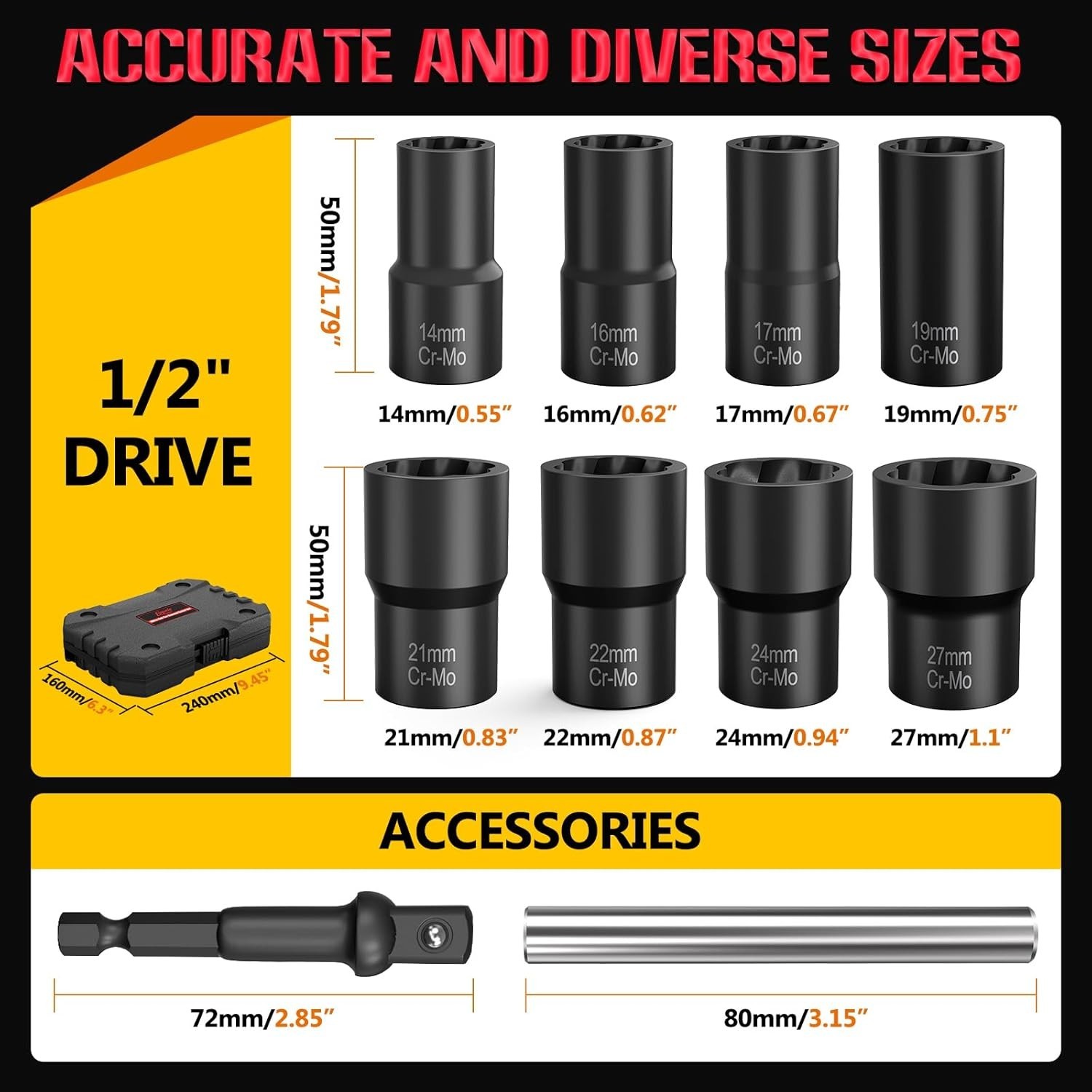10PC Bolt Extractor Set 1/2″ Drive Lug Nut Remover Socket Impact Tool
