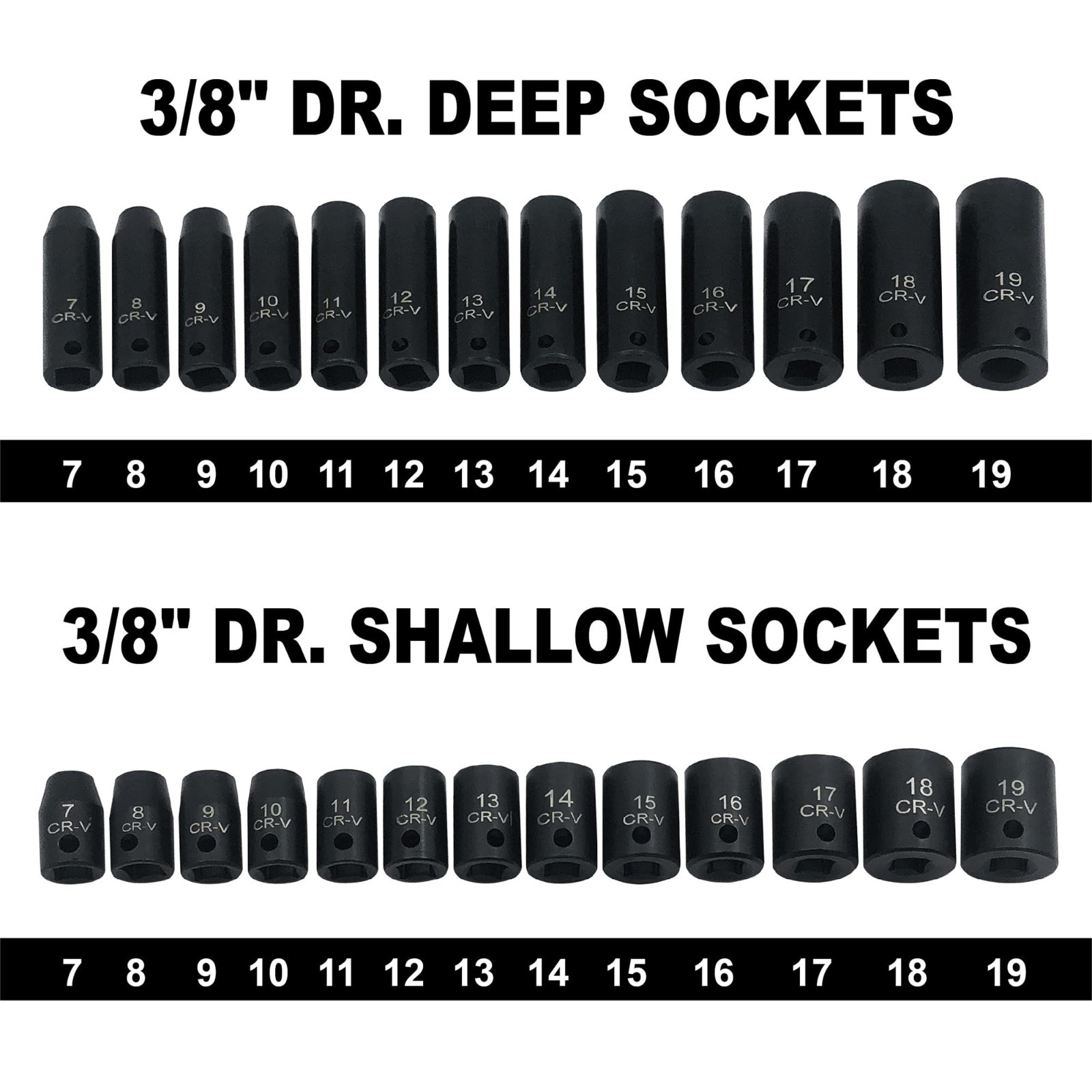 26pcs 3/8″ Impact Socket Set, Deep & Standard, Metric 7mm-19mm, 6-Point, Cr-V St