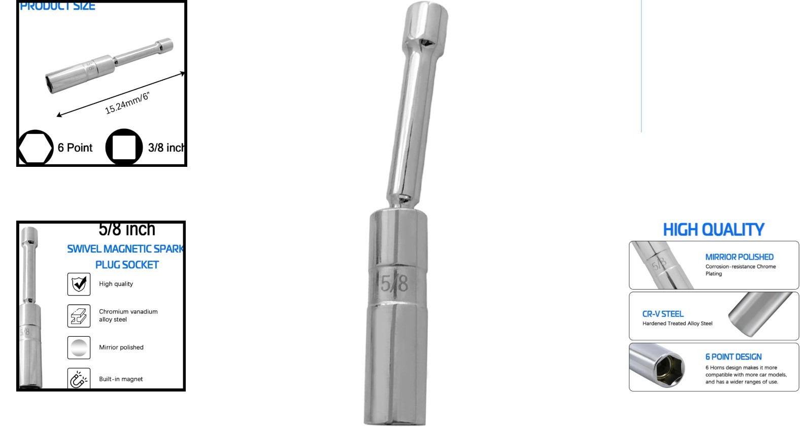 Thin Wall 5/8″ Magnetic Spark Plug Socket – 6-Point, 3/8″ Drive, 6-Inch Length