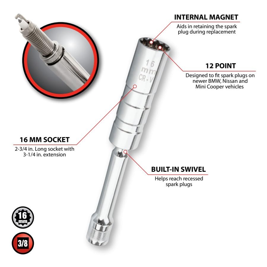 Performance Tool W80543 12 Point Mag Spark Plug Socket – 3/8″ Drive, 16 mm Size,