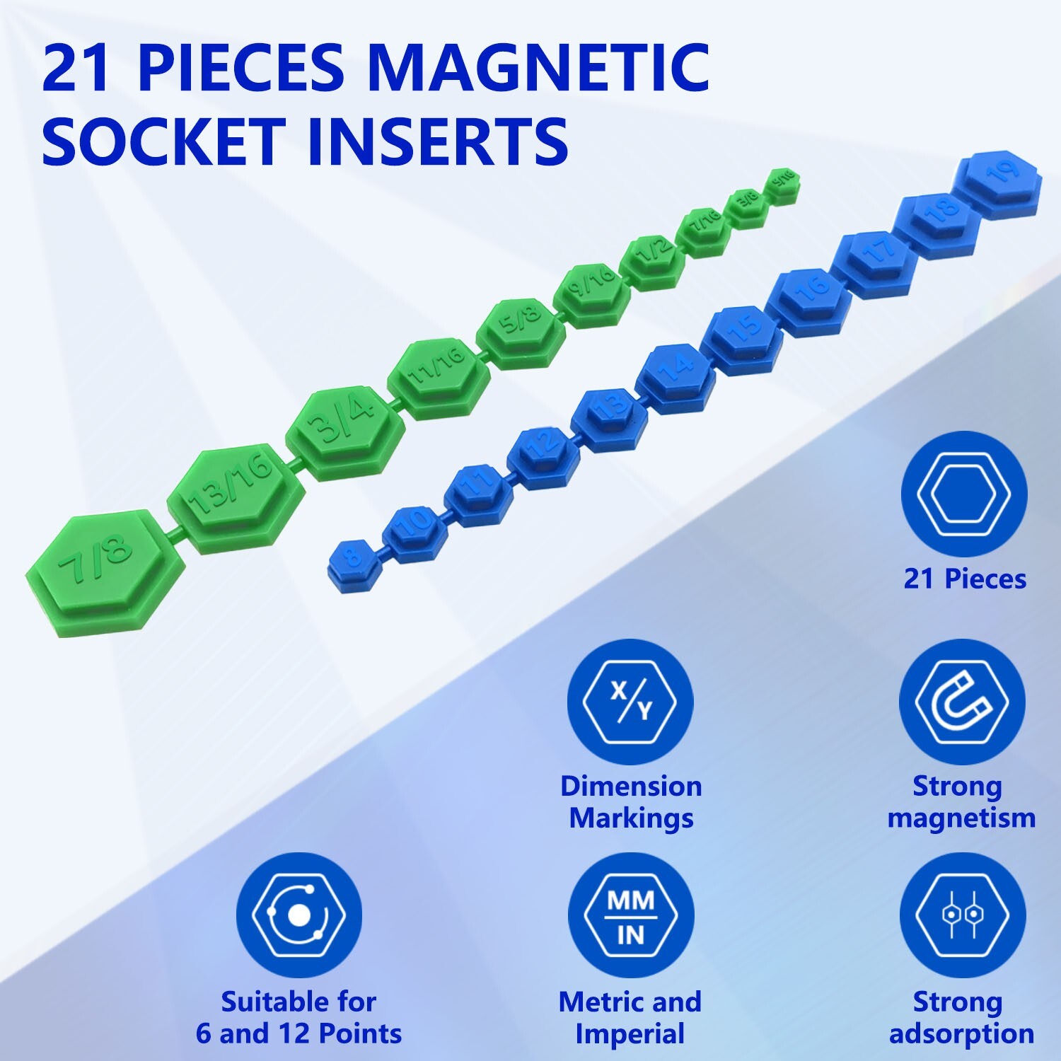 21pcs Magnetic Socket Inserts Tool Set SAE and Metric Sets 8-19mm & 5/16″-7/8″