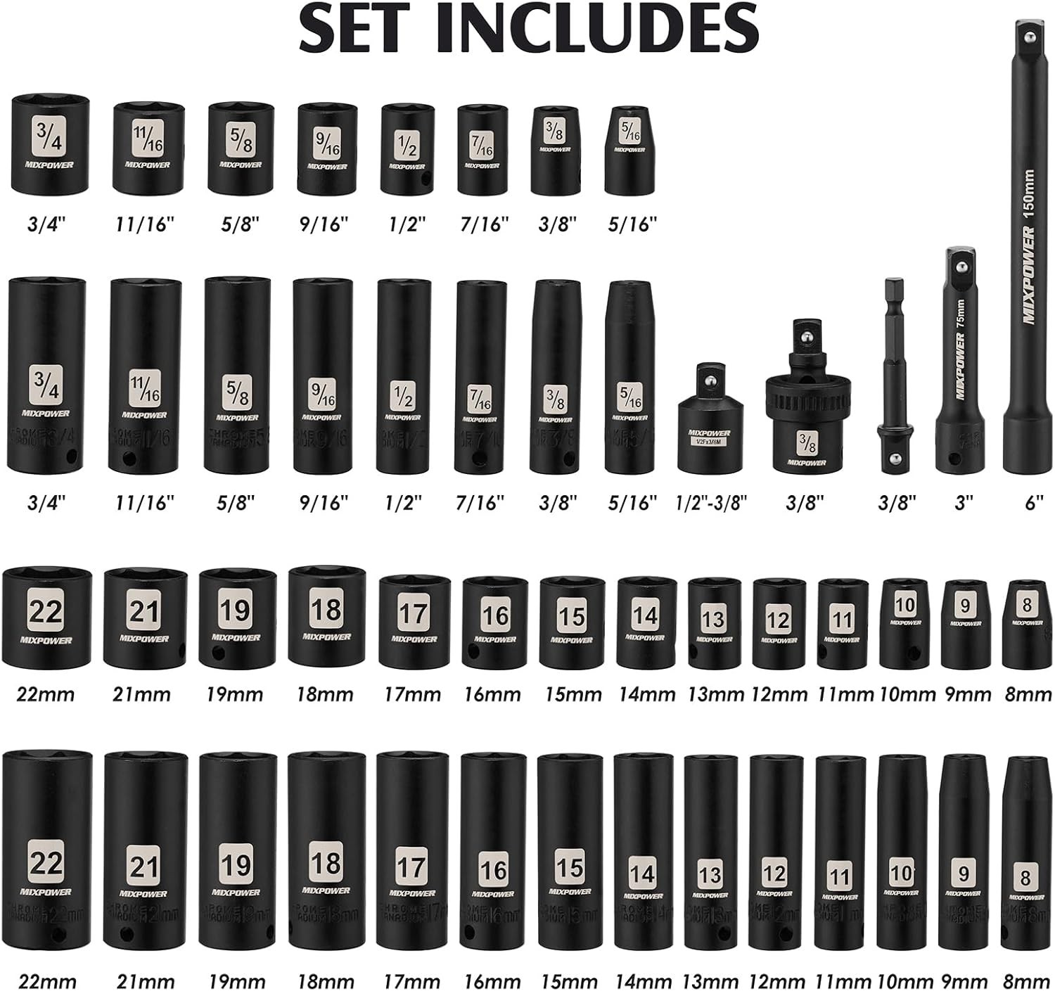 Universal Joint Socket Set, 3/8″ Drive, 49pc