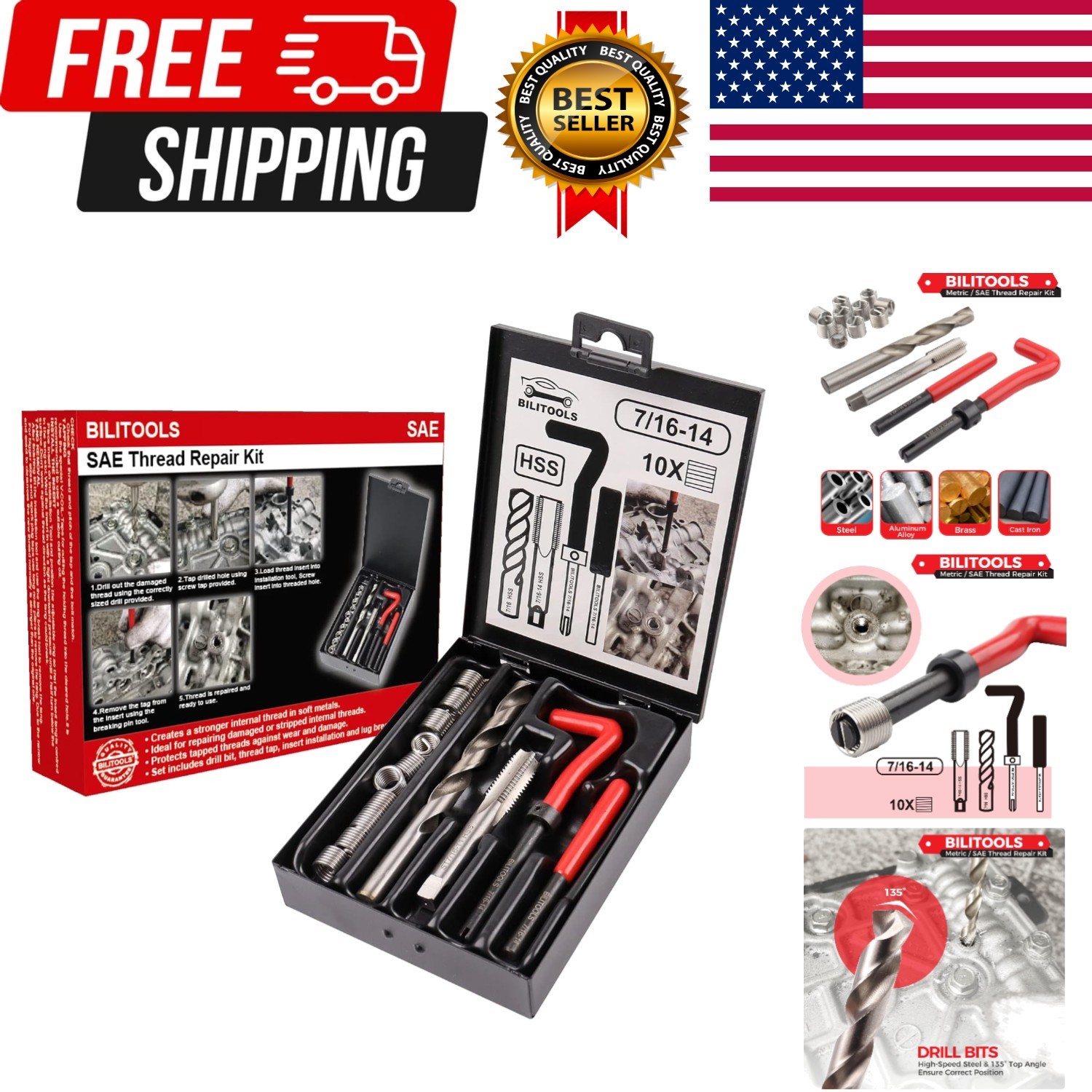 7/16-14 inch Thread Repair Kit, HSS Drill Helicoil Repair Kit SAE