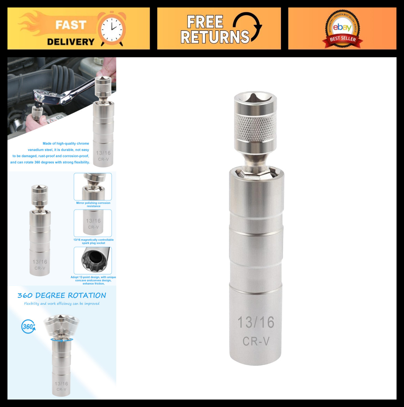 13/16″ Thin Walled Magnetic Spark Plug Socket Set, 3/8″ Drive Swivel Tool