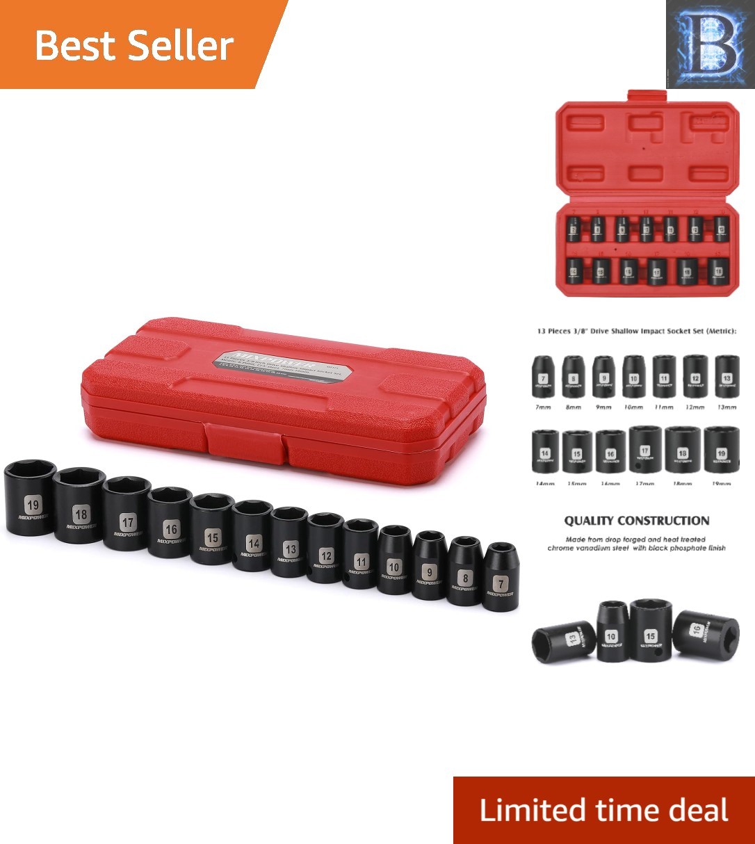 13-Piece Metric Shallow Impact Socket Set 3/8 Drive – High Torque Design