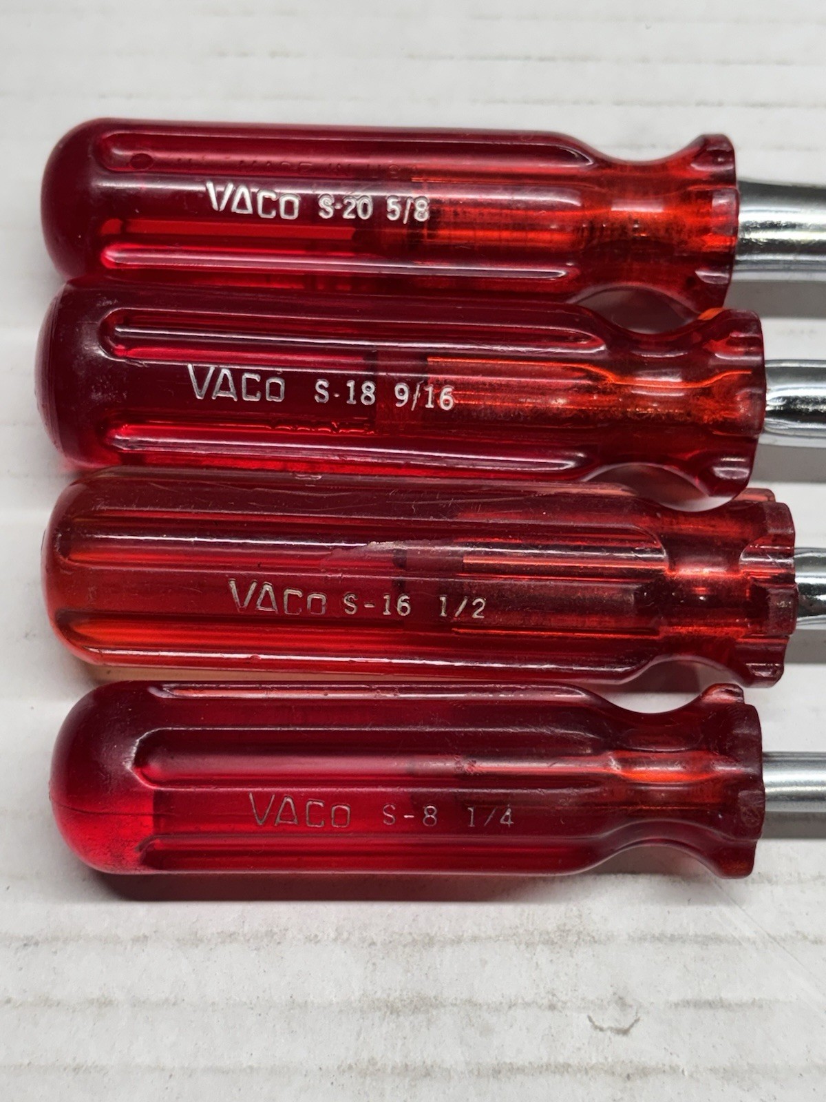 Vintage Vaco 4-Piece Nut Driver Set SAE Short Hollow Shank S-20, S-18, S-16, S-8