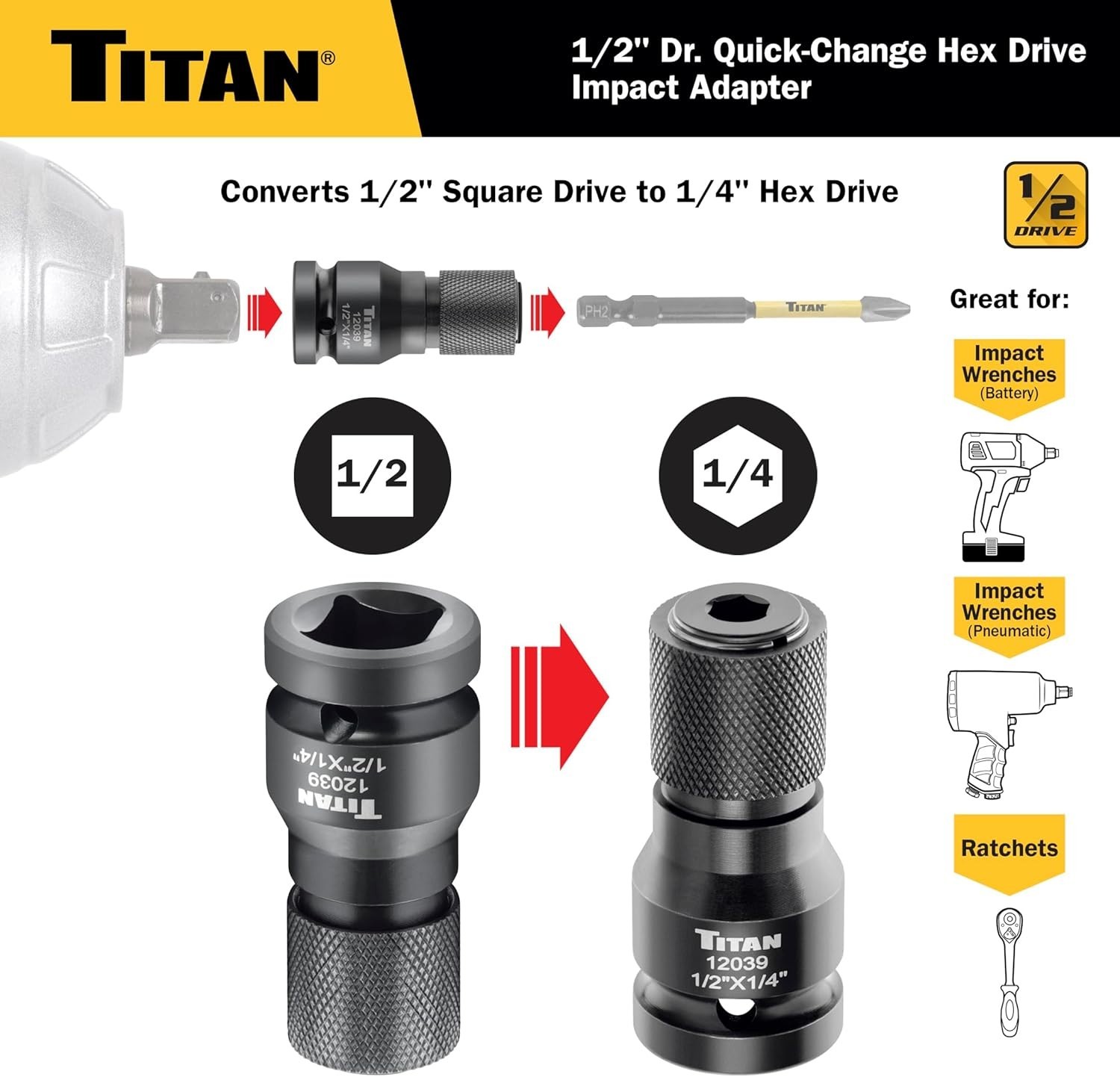 12039 1/2″ Drive to 1/4″ Hex Drive Quick Change Adapter