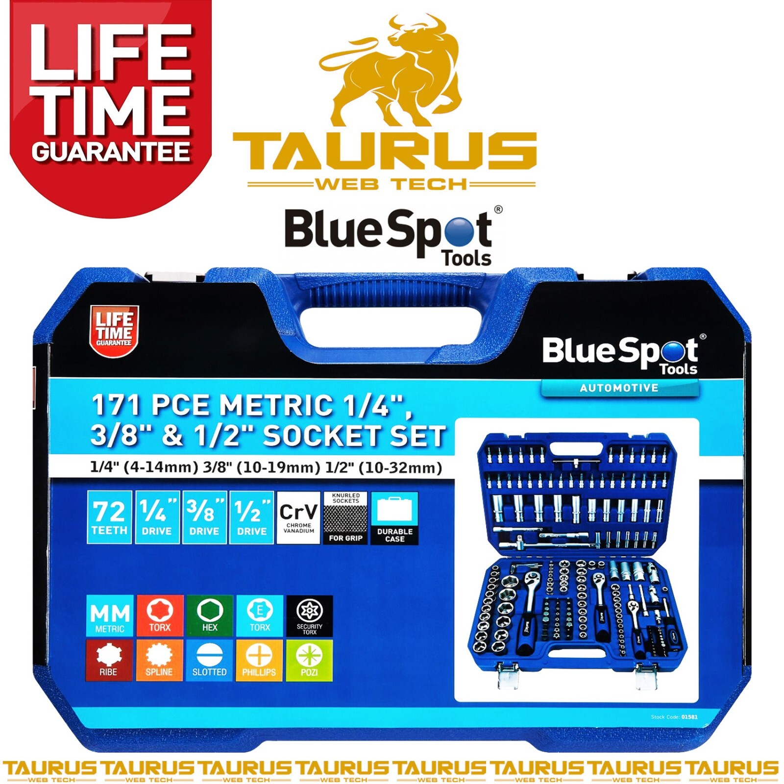 171 x BlueSpot METRIC SOCKET SET (1/4″ 4-14MM) (3/8″ 10-19MM) (1/2″ 10-32MM) UK