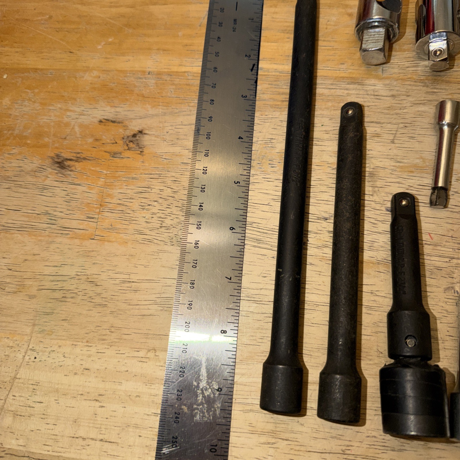 14 Pieces: Extensions, Adapters, T Bar Without T Bar…. Used, Mostly 3/8”, 1/4”