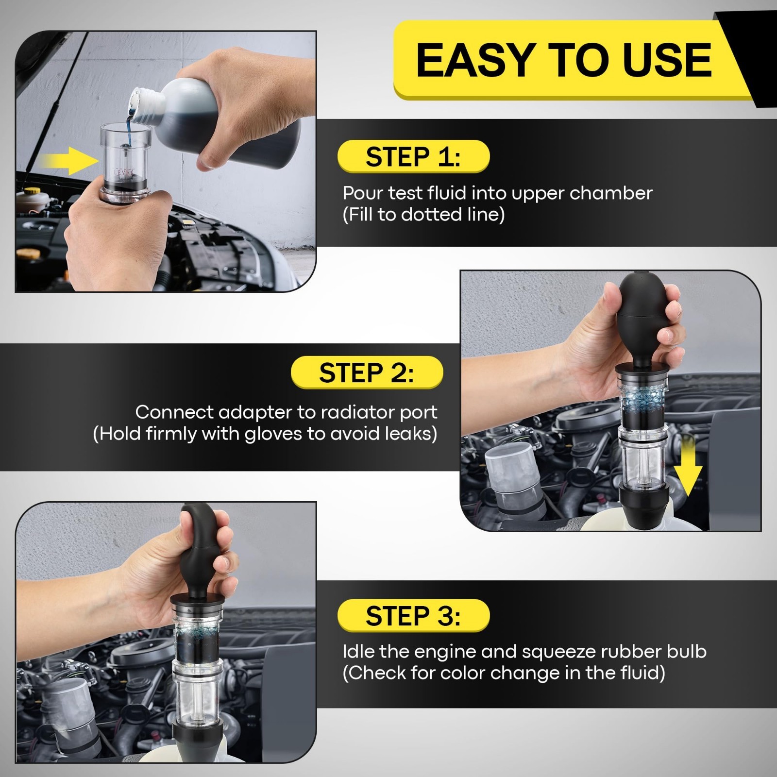 Head Gasket Tester Kit with 8.5oz Fluid & Universal Radiator Adapter – Dual-Cham