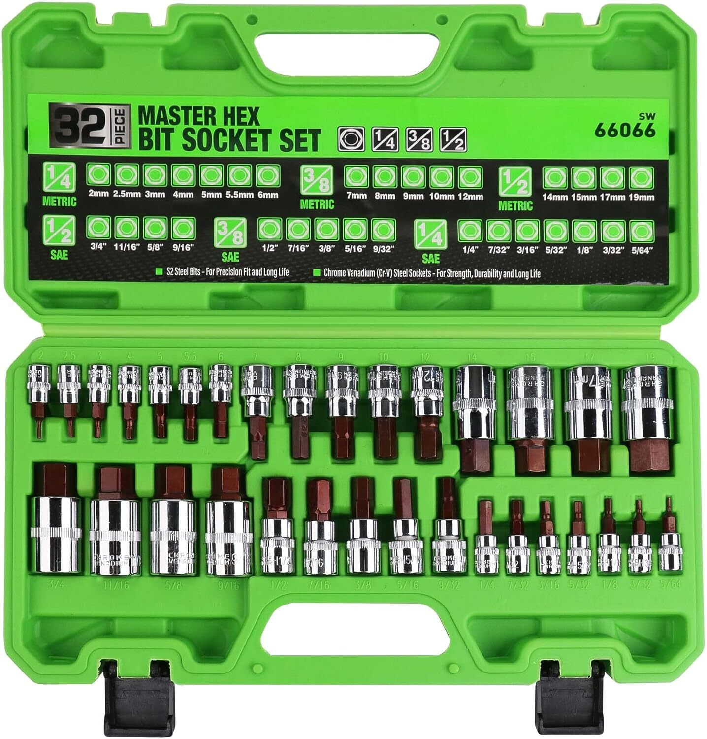 SWANLAKE 32Piece Hex Bit Socket Set,SAE Metric 1/4» 3/8′ 1/2» Drive Socket Set