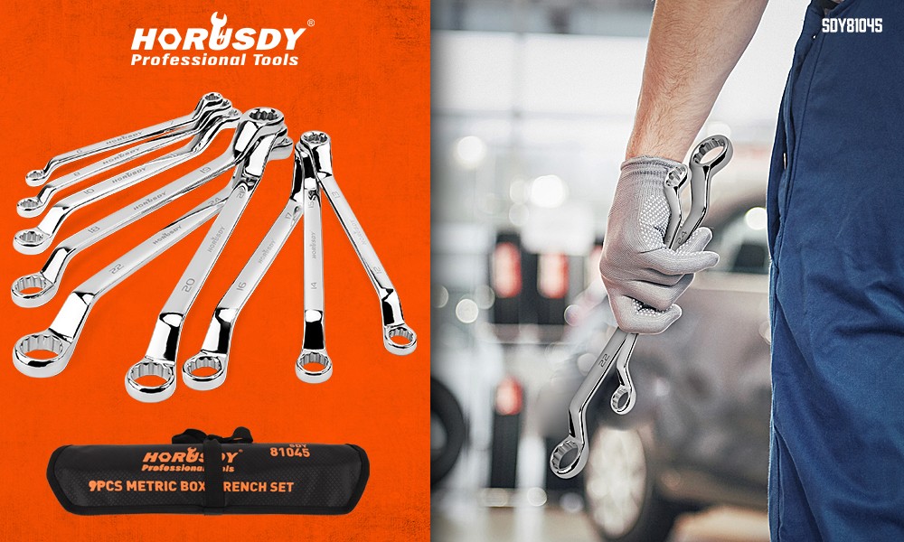 9Pcs Metric Offset Box Wrench Set with Rolling Pouch 50-Degree Metric 6-24mm