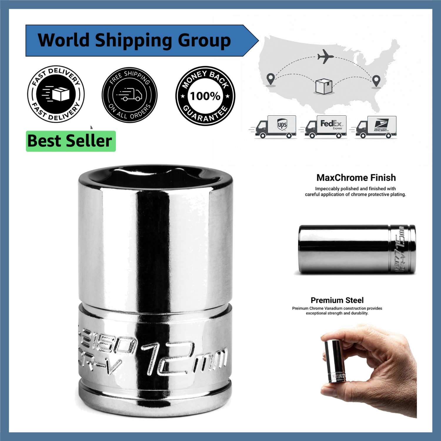 Durable Chrome Vanadium 12 mm Shallow Socket – 1/4 Inch Drive, Polished Finish