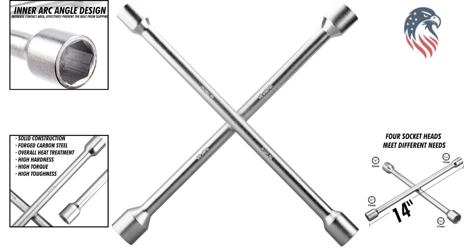 14 Inch Heavy Duty Lug Wrench 4 Way Tire Iron Carbon Steel Chrome