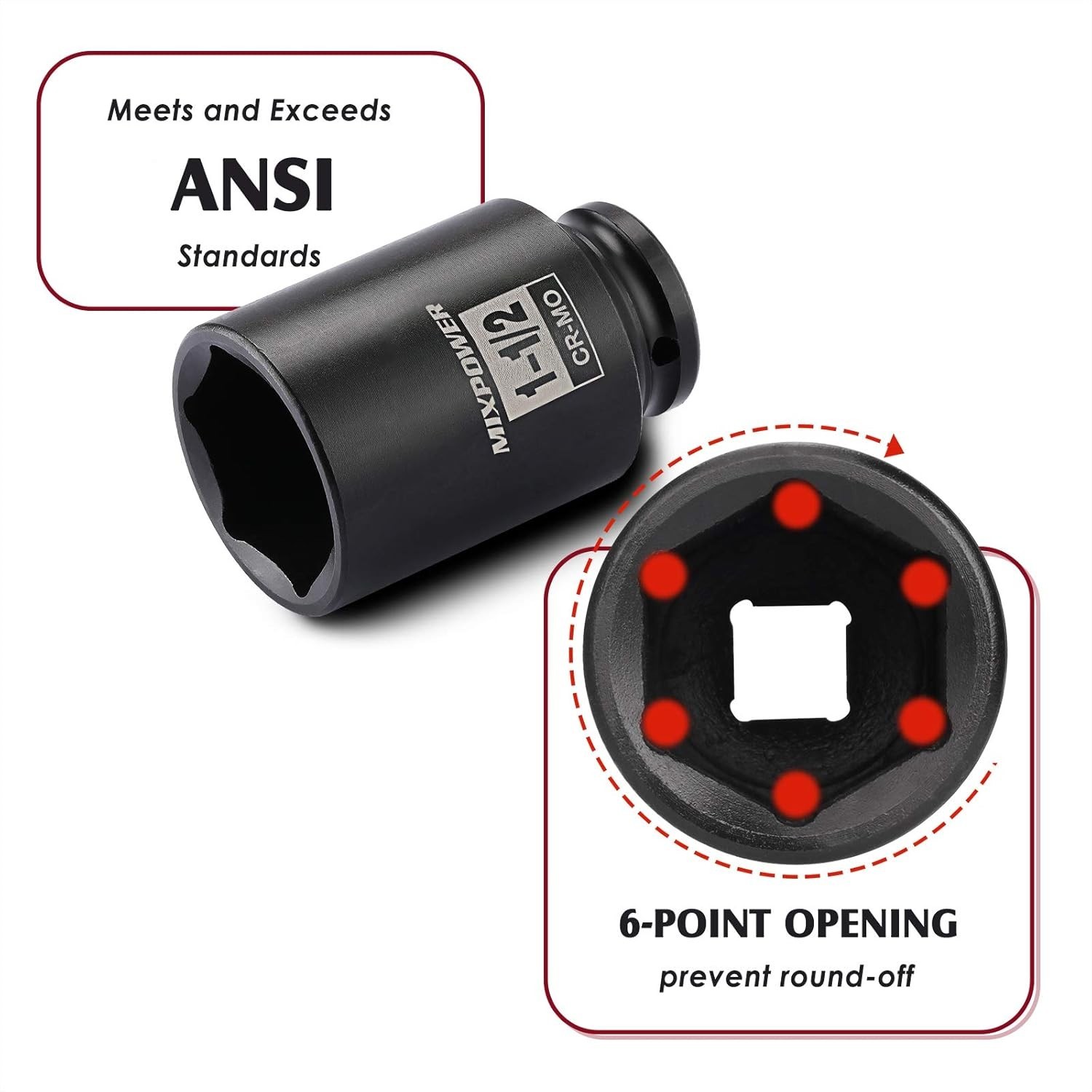 MIXPOWER 1/2 Inch Drive Deep Impact Socket 1-1/2 SAE, 1-1/2″, Black