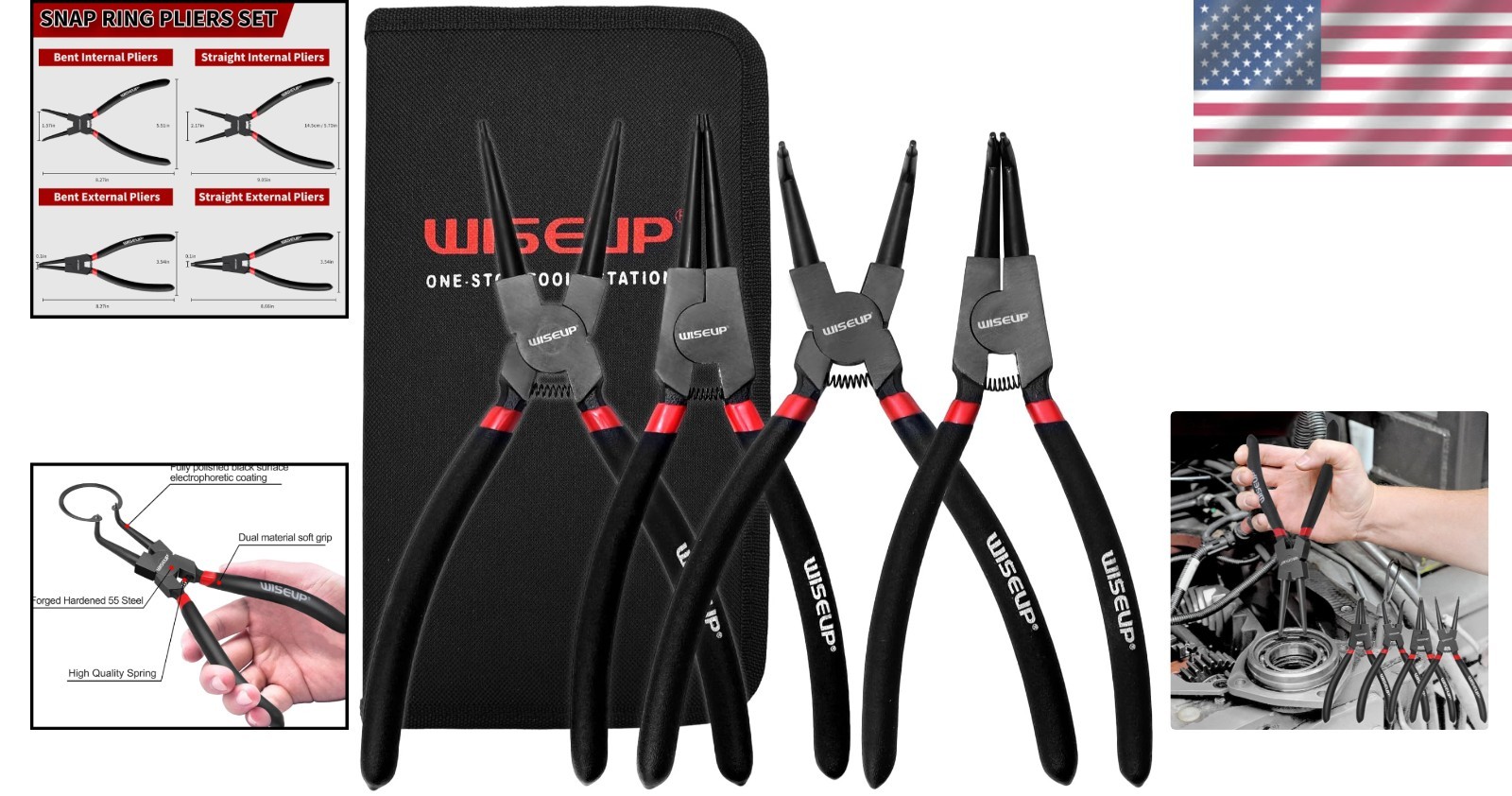Durable 4PCS Snap Ring Pliers Set – 9 inch Tool Kit for Automotive Repair