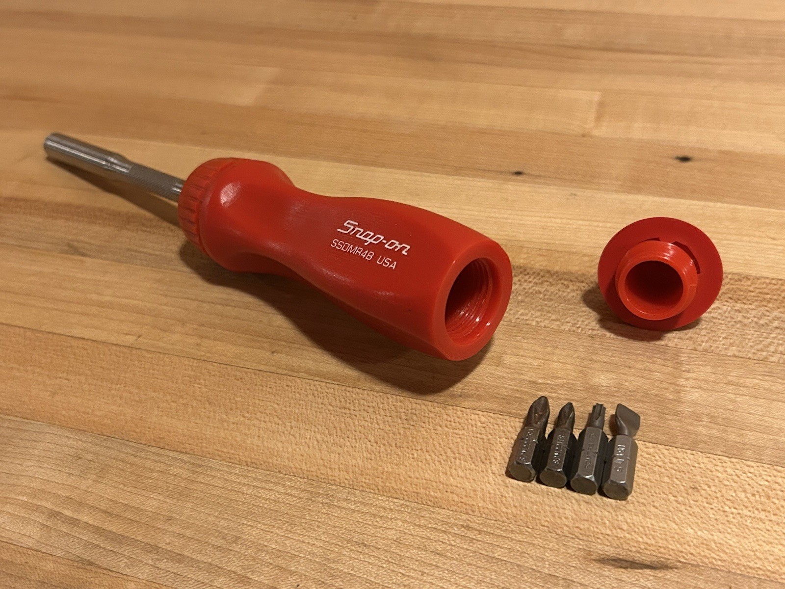 Snap-on Tools | 1990s SSDMR4BR Red Ratcheting Screwdriver + 4 Original Bits