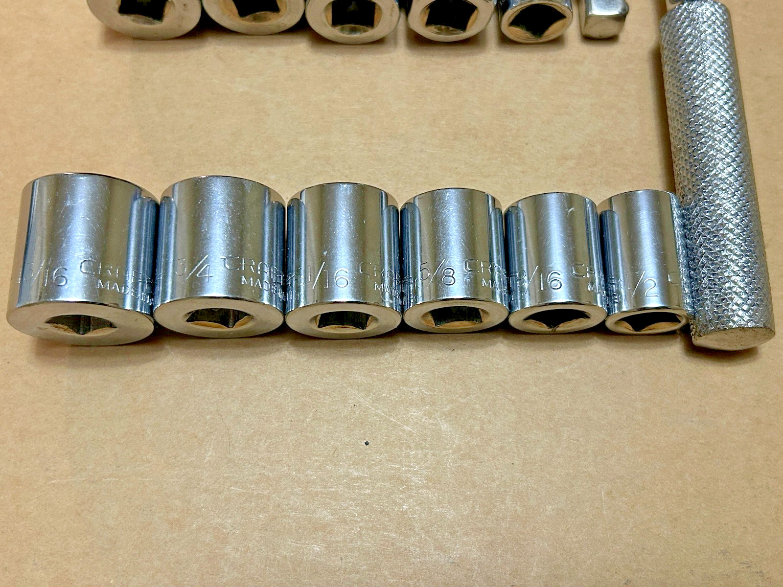 13 – Craftsman-Sears, 3/8″ Ratchet Wrench, 6 Standard 12-pt/ 5 deep Sockets-6pt