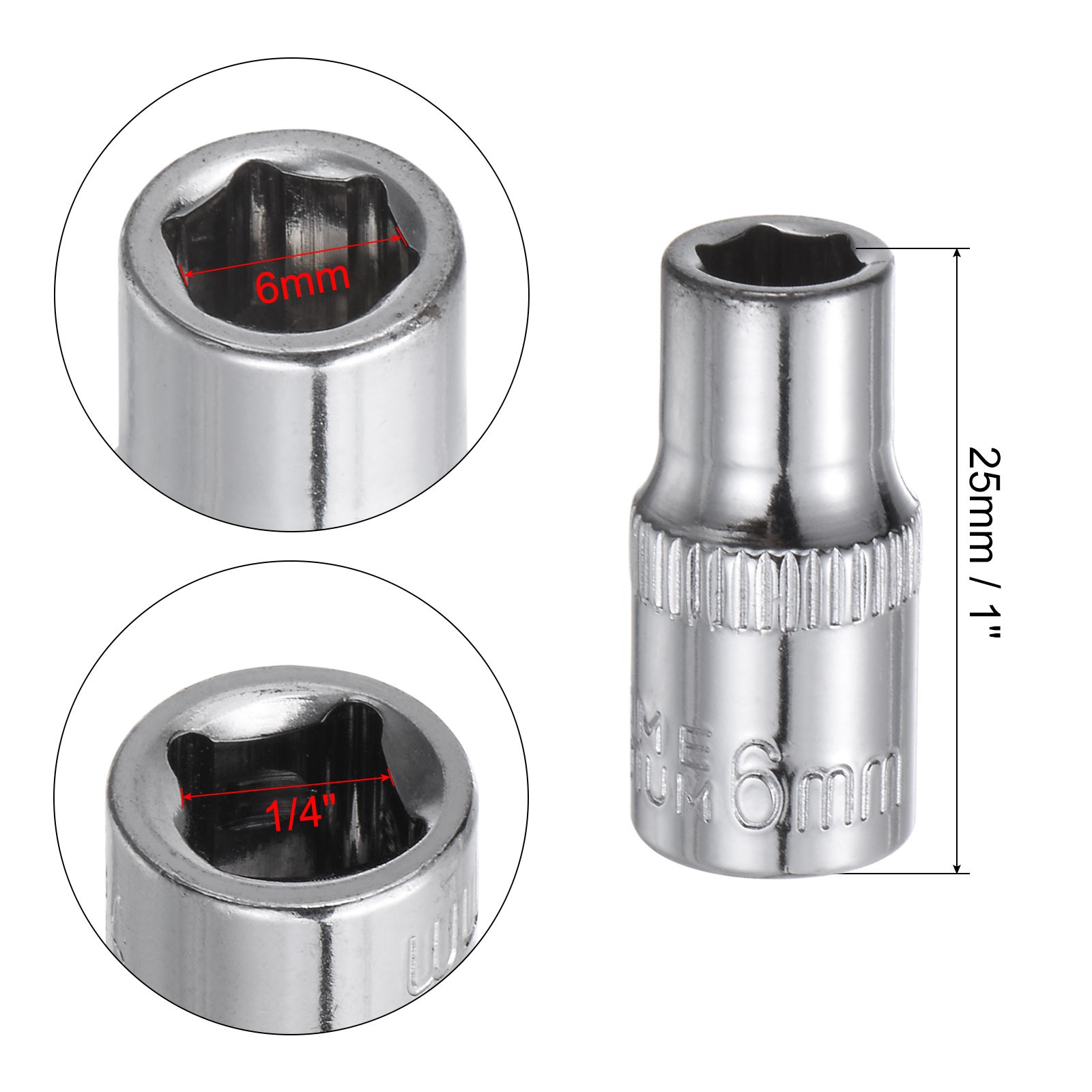 4Pcs 1/4-inch Drive 6mm Steel Chrome Plated 6-Point Shallow Socket