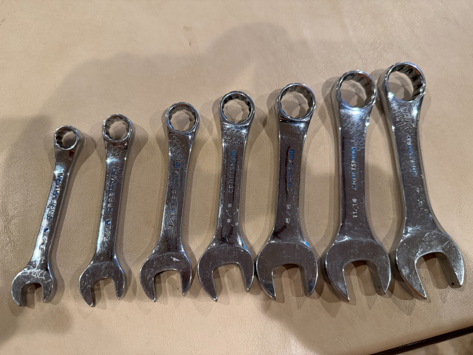Used Craftsman Professional, 7 PC Stubby Combination Wrench Set SAE, USA made.