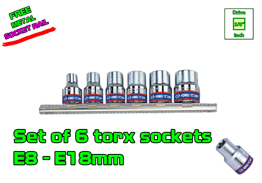 Set of 6 pcs 3/8” Drive Star Socket Torx E8 – E18 Size 3/8 inch for Outside Torx