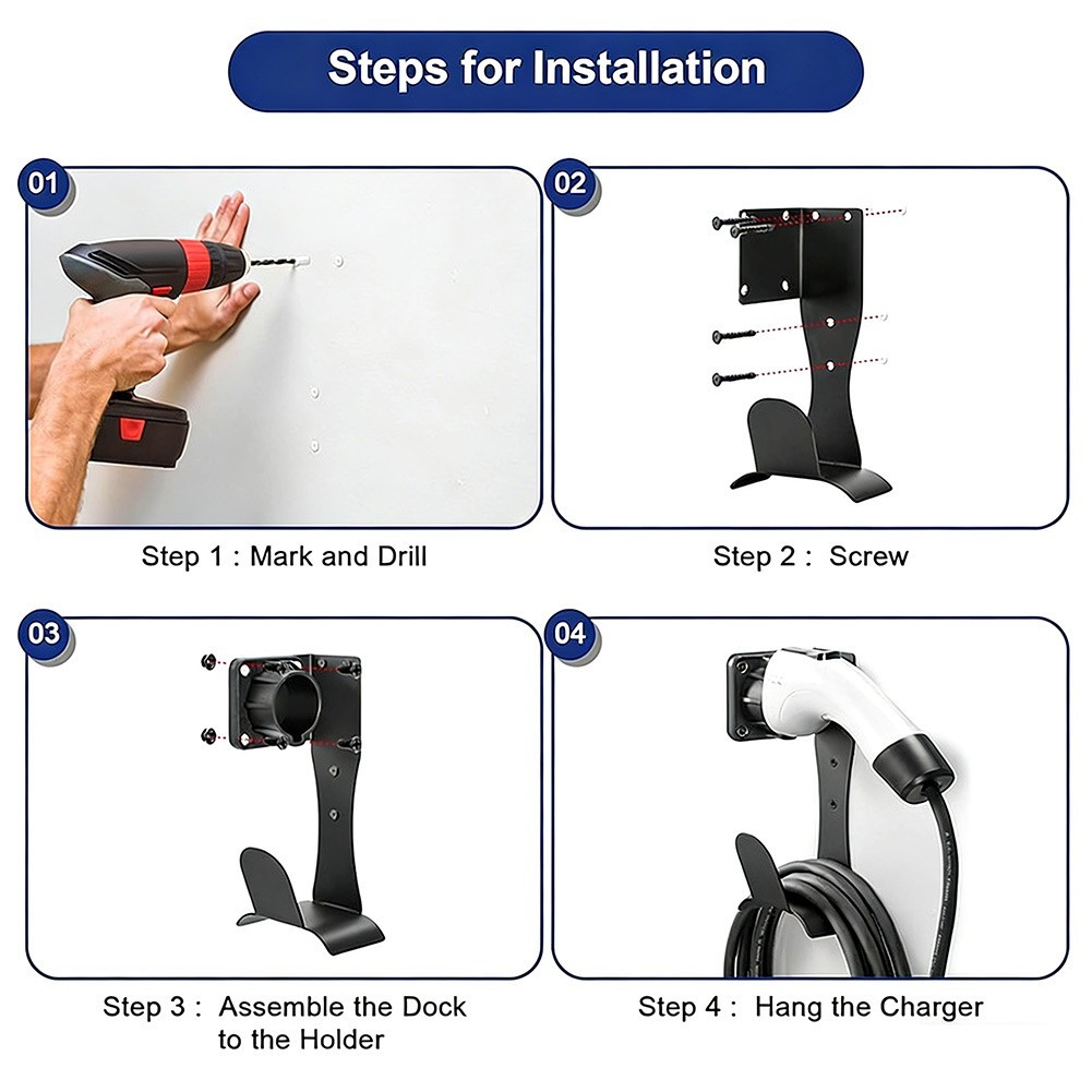 Black Wall Mount Stainless Steel Bracket for J1772 EV Charging Cable Holder