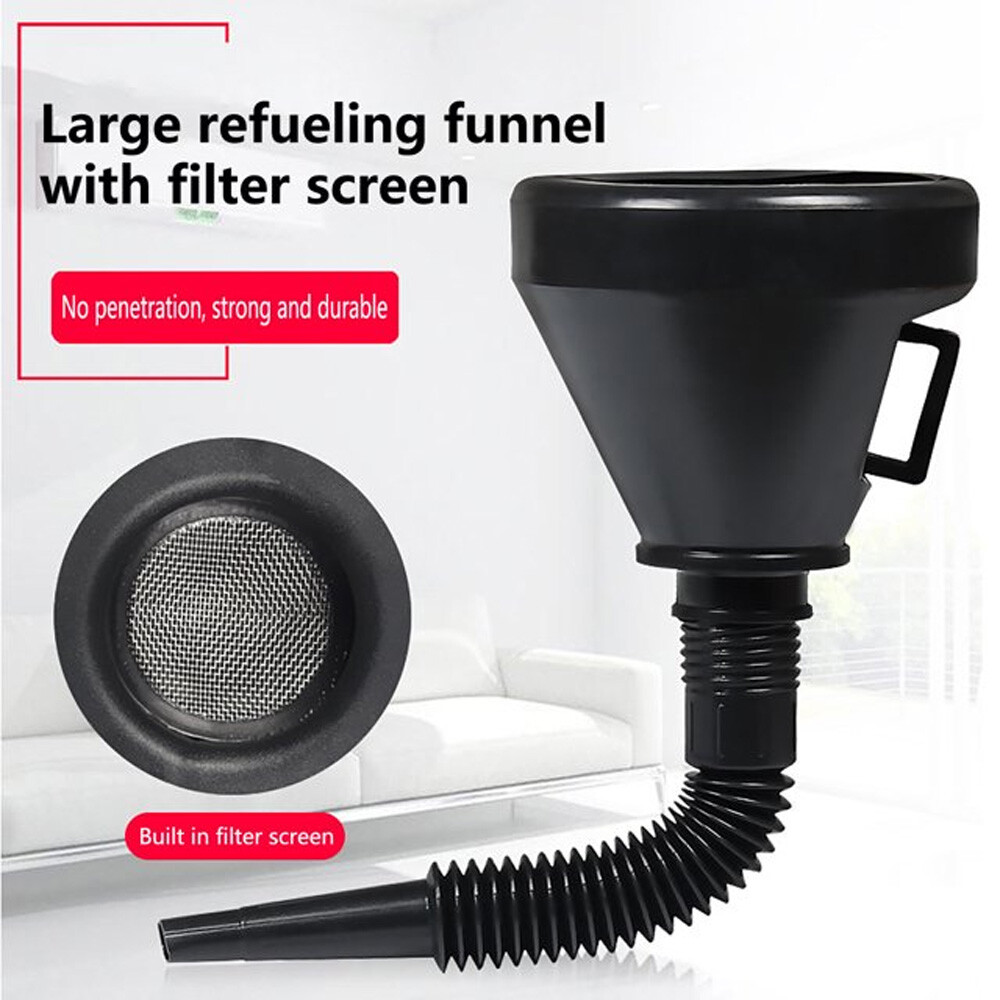 HEAVY DUTY FLEXIBLE FUNNEL WITH FILTER DETACHABLE BLACK PLASTIC SPOUT OIL FUEL