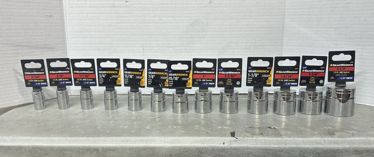 NEW GearWrench 1/2” 12pt. Socket 13pc. 9/16” – 1-1/2” Size And PN In Descrip.