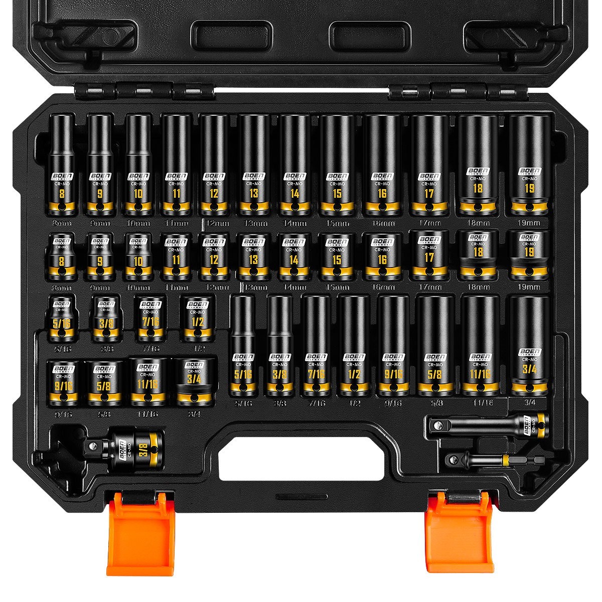BOEN Pro 3/8″ Drive Impact Socket Set, 43-Piece SAE(5/16″-3/4″) & Metric(8-19mm)