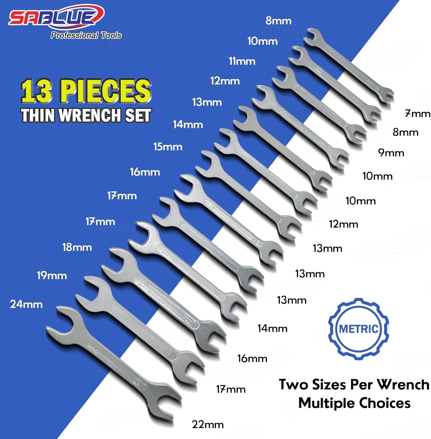 Super-Thin Open End Wrench Set Metric 13-Piece 7mm to 24mm Cone Spanner A01 Kit