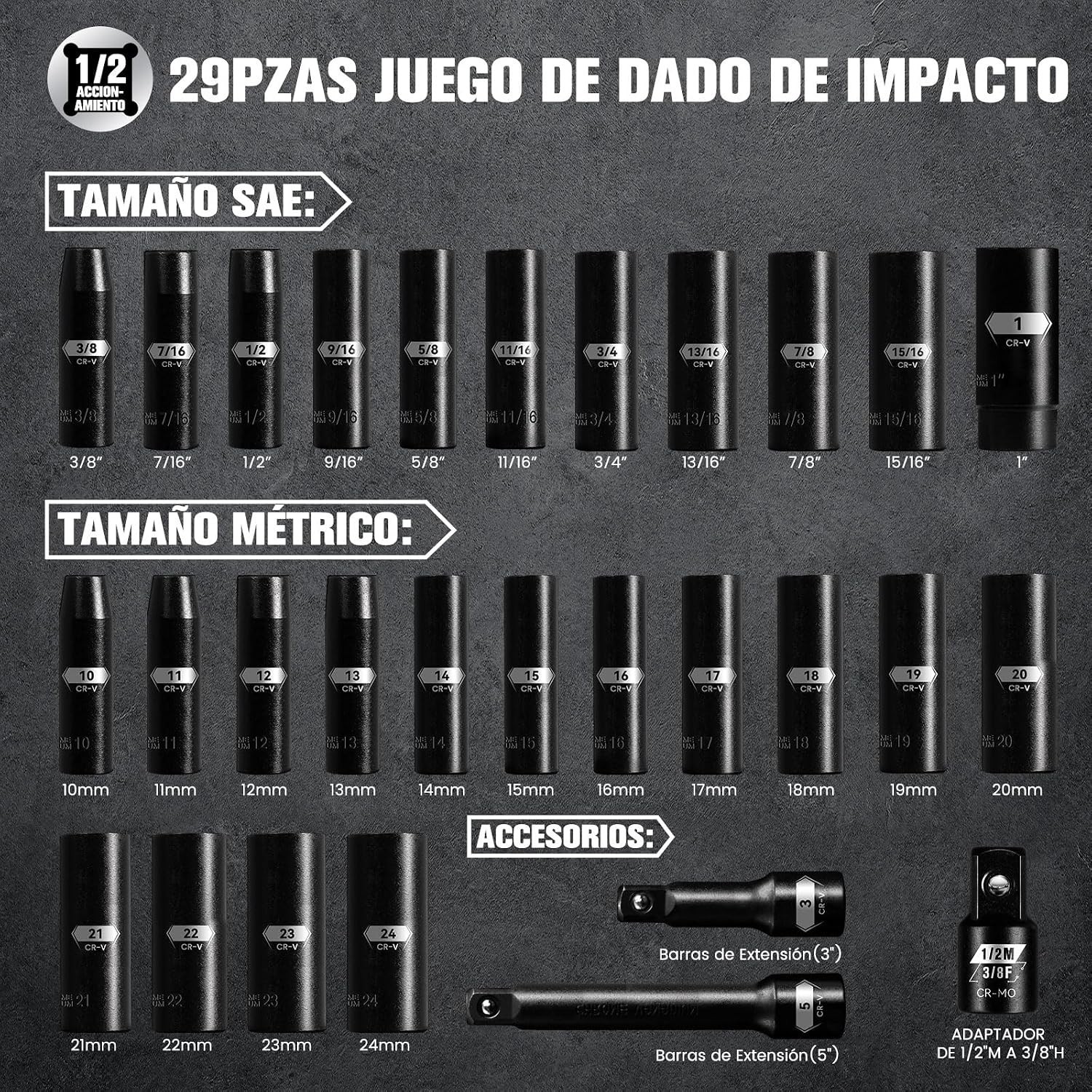 29-Piece 1/2″ Drive Impact Socket Set – Chrome Vanadium Steel Excellence
