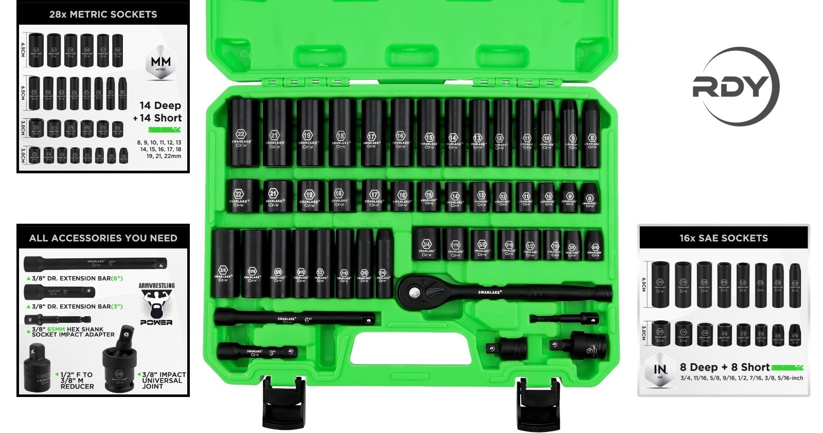 Swanlake 50-Piece Impact Socket Set, Chrome Vanadium, SAE & Metric Sizes