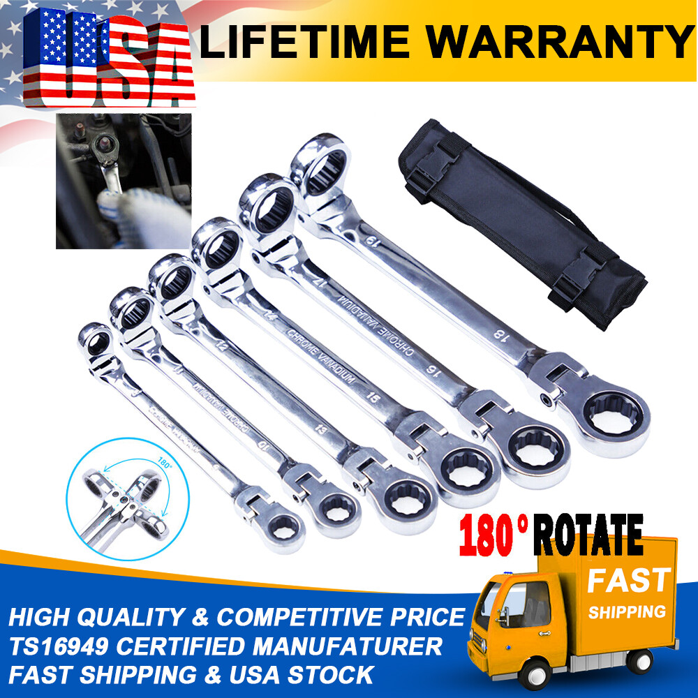6Pc Heavy Duty Flex-Head Double Box End Ratcheting Wrench Extra Long Spanner Set