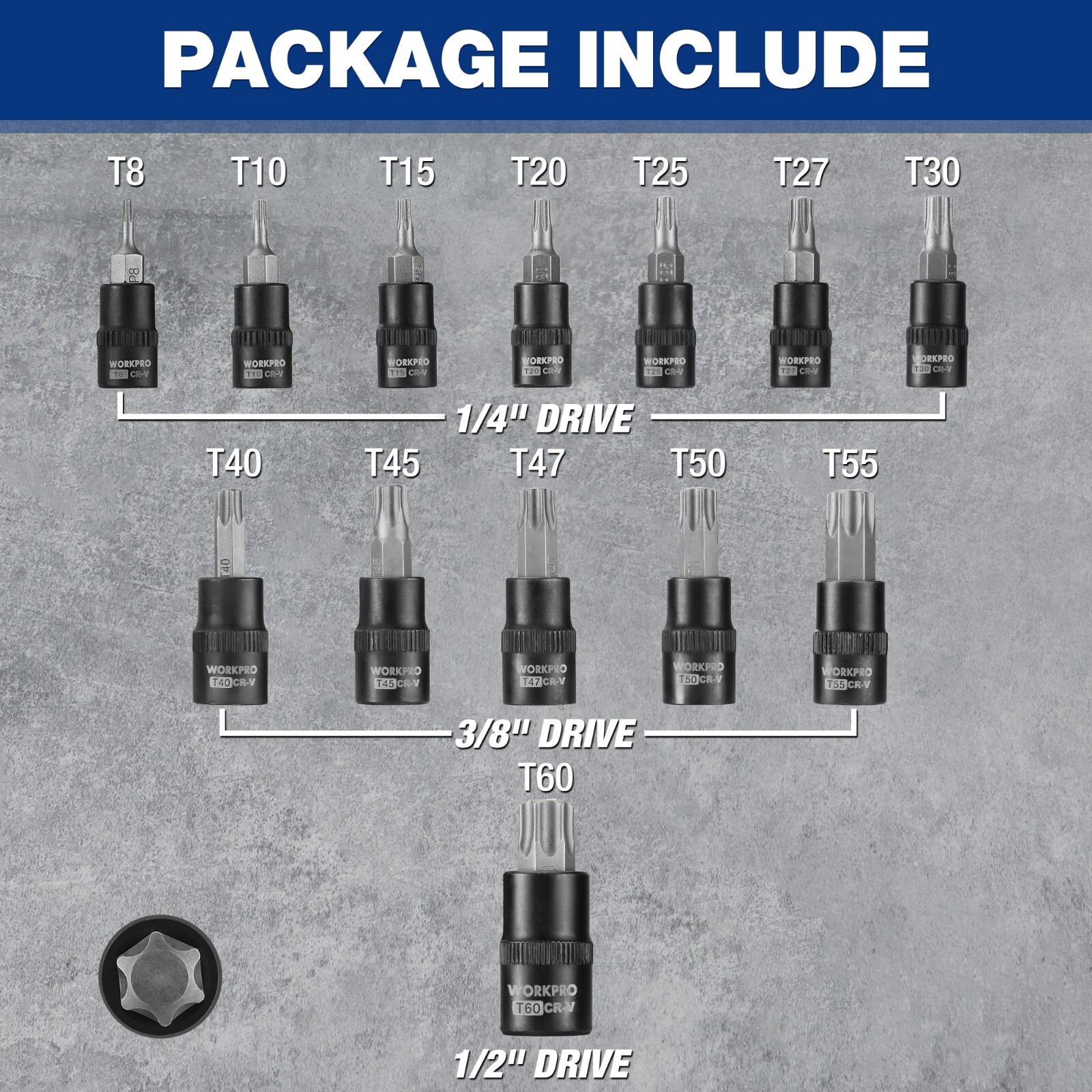 WORKPRO 13PC Torx Bit Socket Set 1/4″ 3/8″ 1/2″ Drive T8-T60 Torx Bit Socket Set