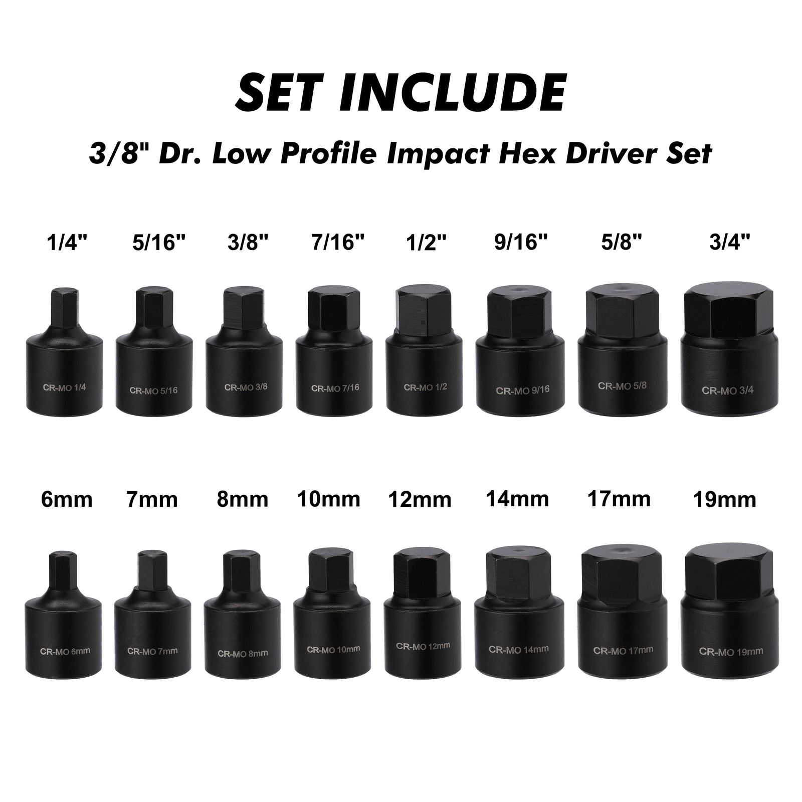 16 Pcs 3/8 Inch Drive Low Profile Impact Hex Driver Set Cr-Mo 1/4″-3/4″ 6mm-19mm