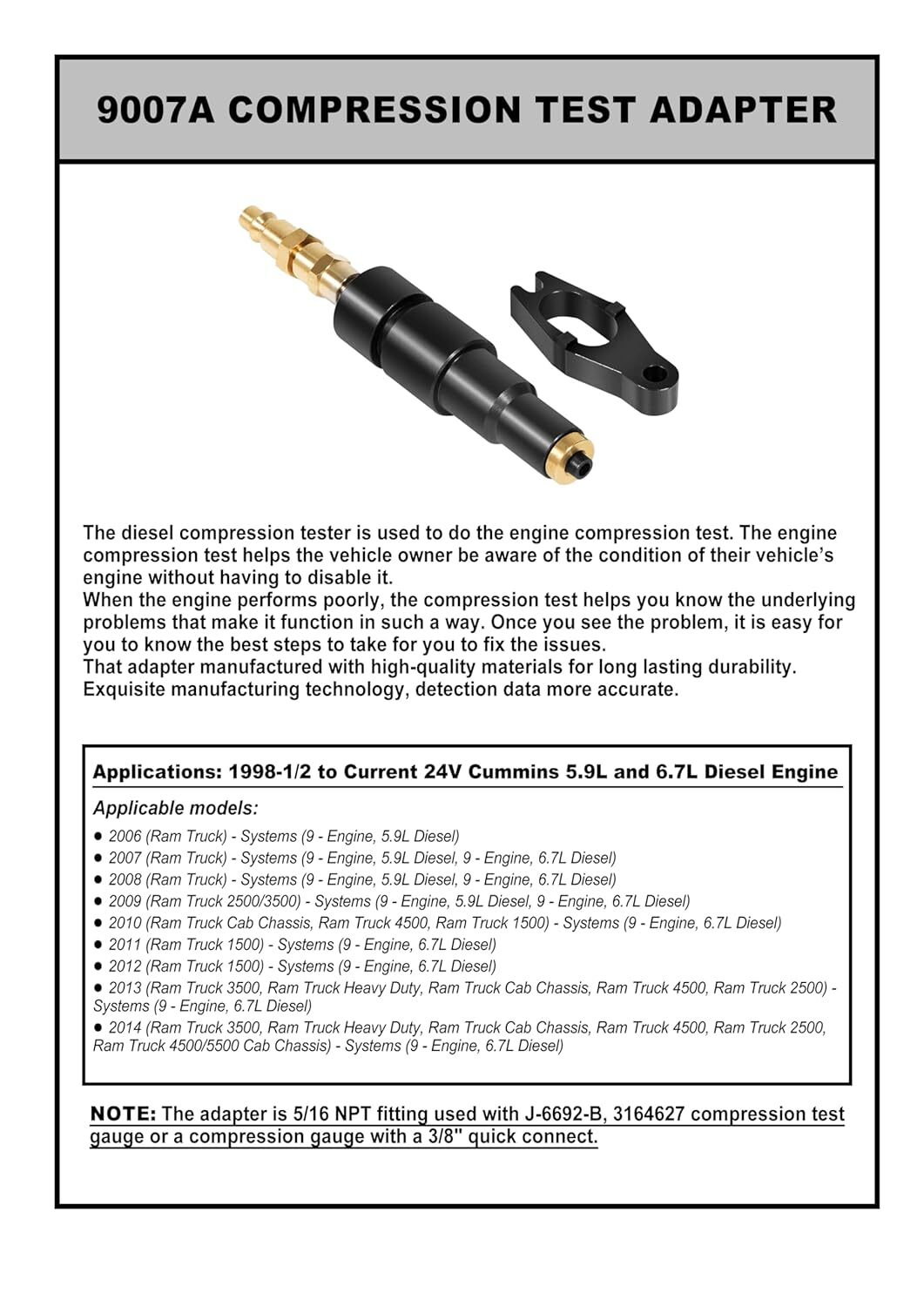 Compression Test Adapter Tool Fits for 6.7L 5.9L Cummins Diesel Engine Dodge Ram