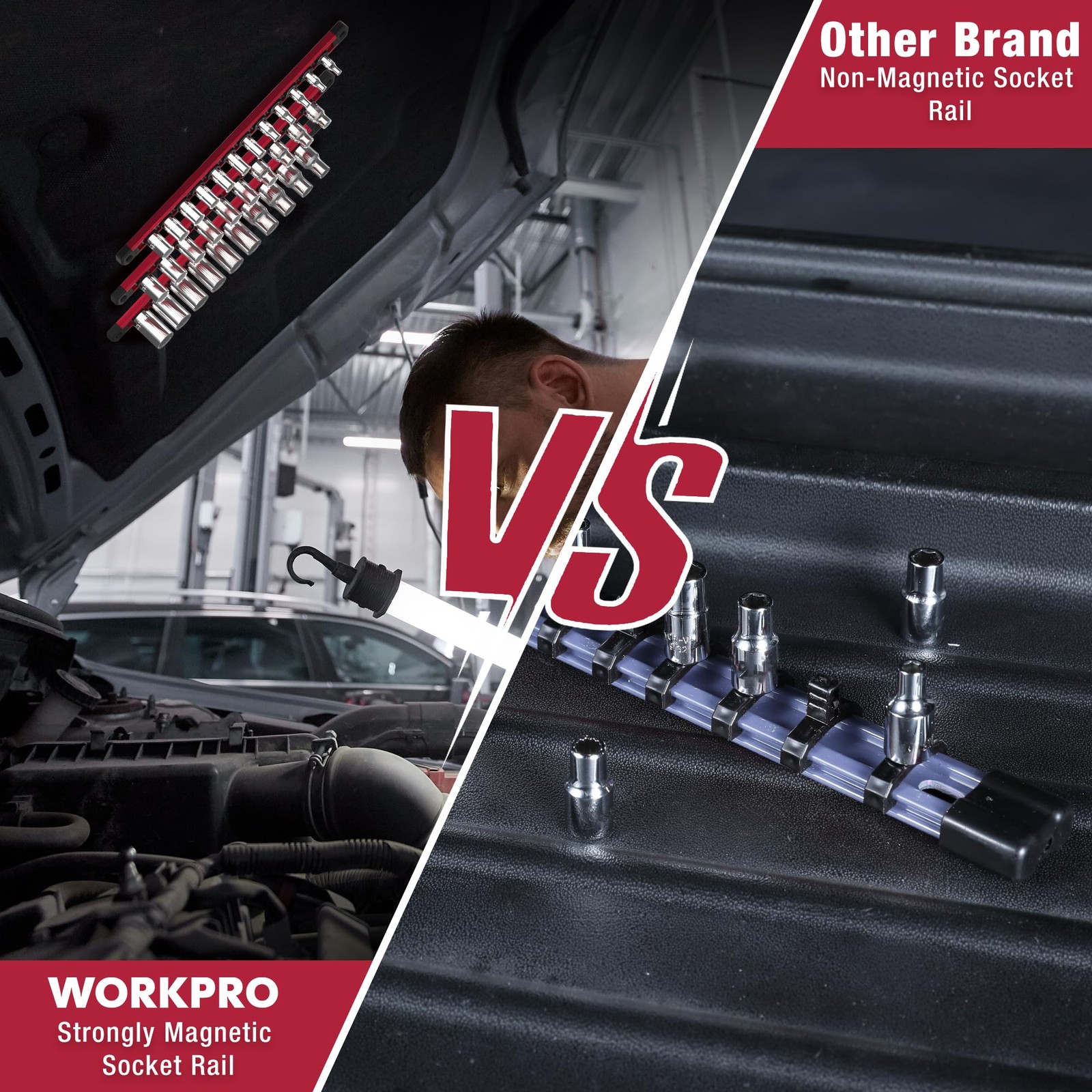 WORKPRO Magnetic Socket Organizer Set, 3 Pieces-1/4″, 3/8″, & 1/2″ DR, Red