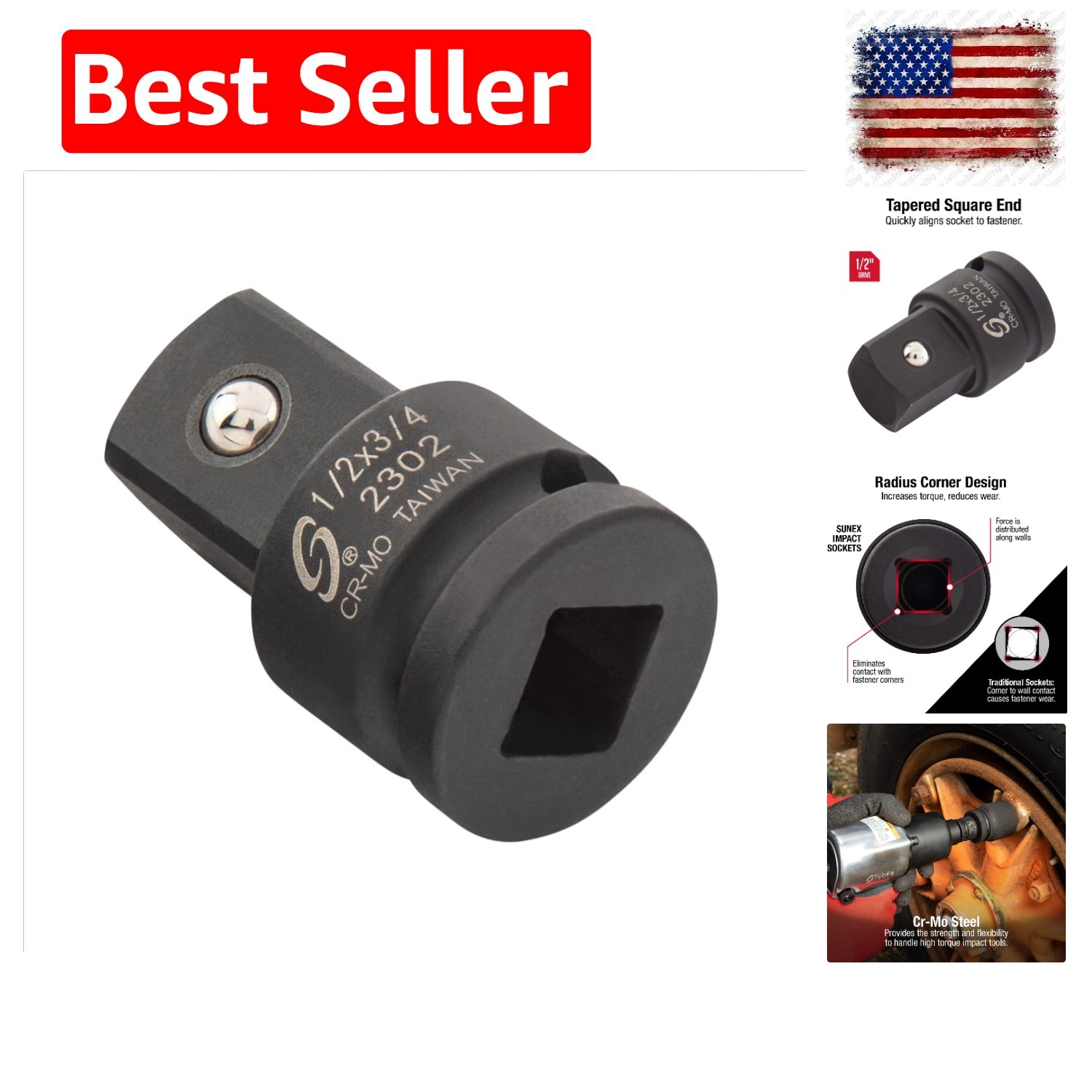 2302, 1/2 Inch Drive, 1/2″ Female x 3/4″ Male Impact Adapter, Cr-Mo Steel, Ba…